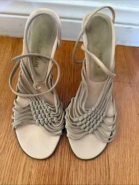 Macramé Lace-Up Heeled Sandals in Light Beige